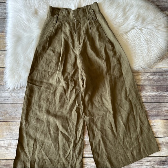 Zara 100% Linen High Waisted Super Wide Leg Trouser Pants S Green - Picture 2 of 8